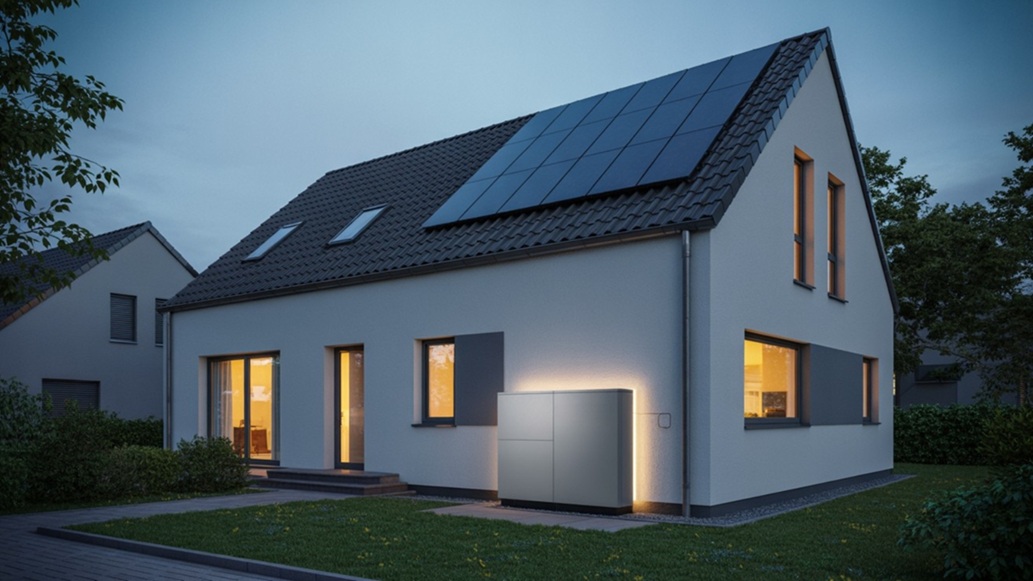 Einfamilienhaus bei Dämmerung mit Photovoltaikanlage und Speicher mit Notstromfunktion
